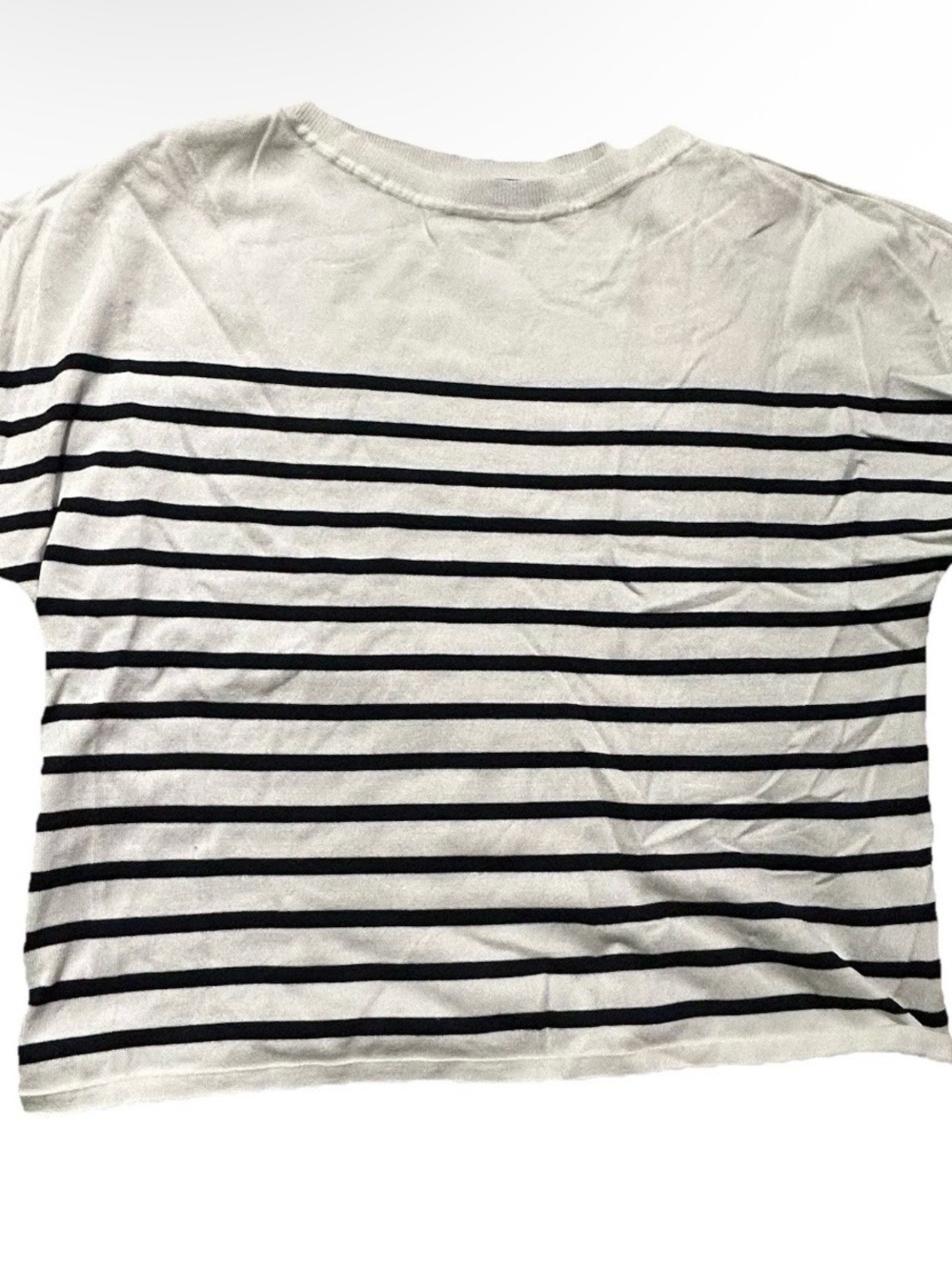 Women’s Marled White Navy Blue Striped Short Sleeve Sweater Size Large